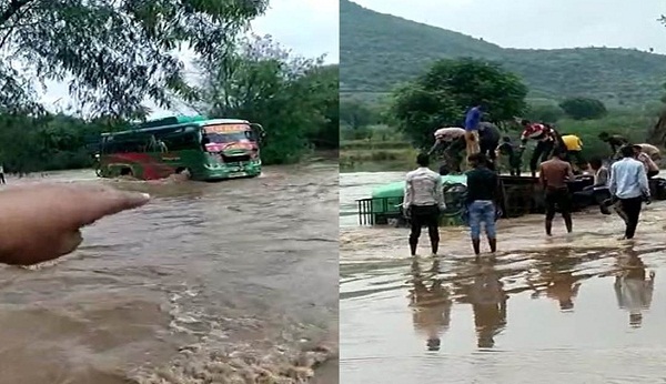 श्योपुरः उफनता नाला पार करते समय यात्रियों से भरी बस पलटी, 20 घायल