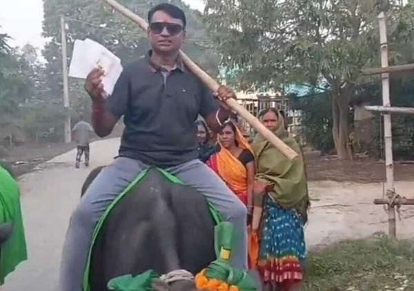 बिहार चुनावः वैशाली के केदार भैंस पर बैठकर पहुंचे वोट डालने, कहा- पहले मतदान… फिर दूसरे काम