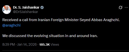 विदेश मंत्री जयशंकर की ईरानी समकक्ष से बातचीत, क्षेत्रीय हालात पर हुई चर्चा